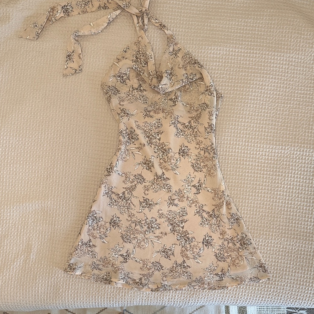 Anthropologie Cream Floral Halter Mini Dress